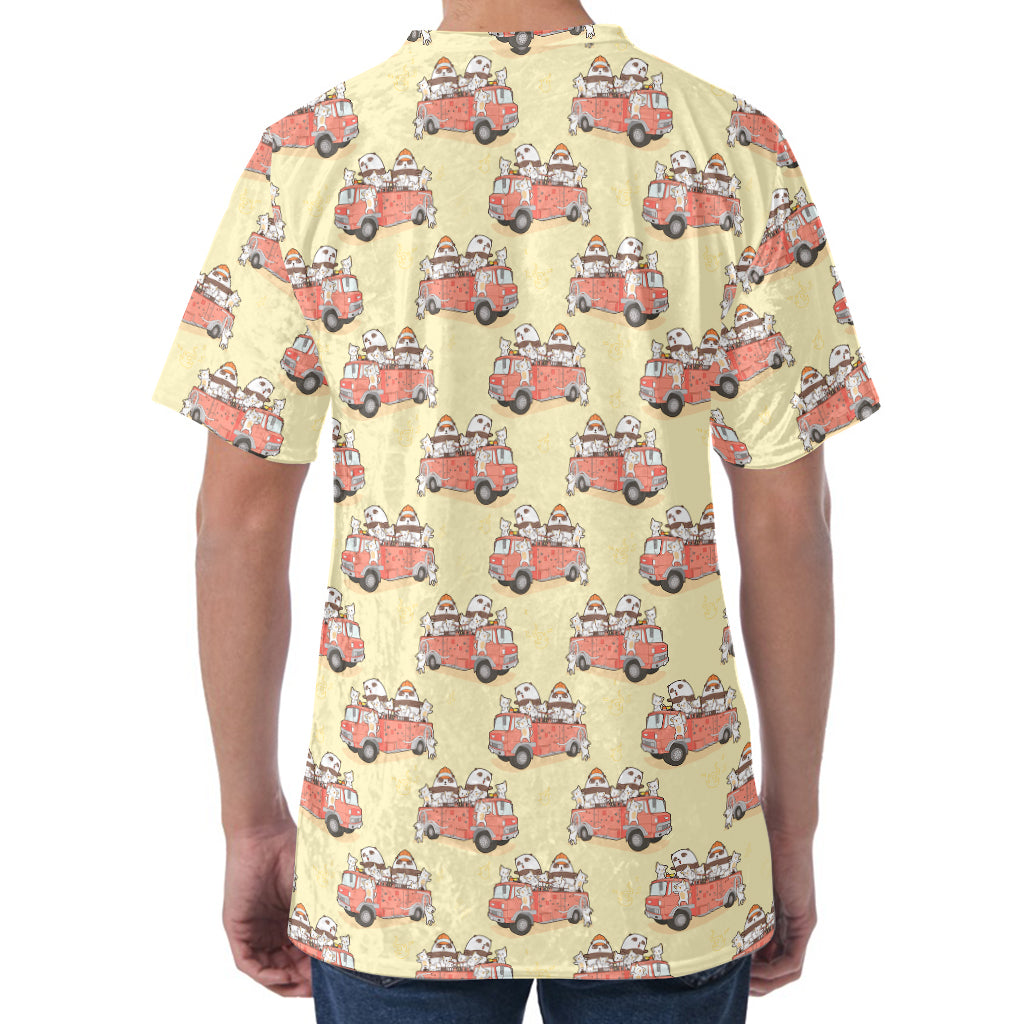 Panda Firefighter And Cat Pattern Print Men's Velvet T-Shirt