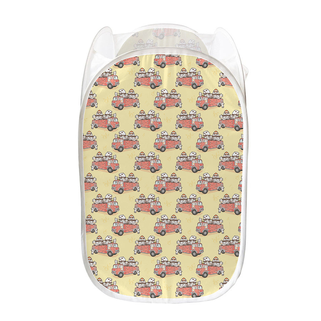 Panda Firefighter And Cat Pattern Print Mesh Laundry Hamper