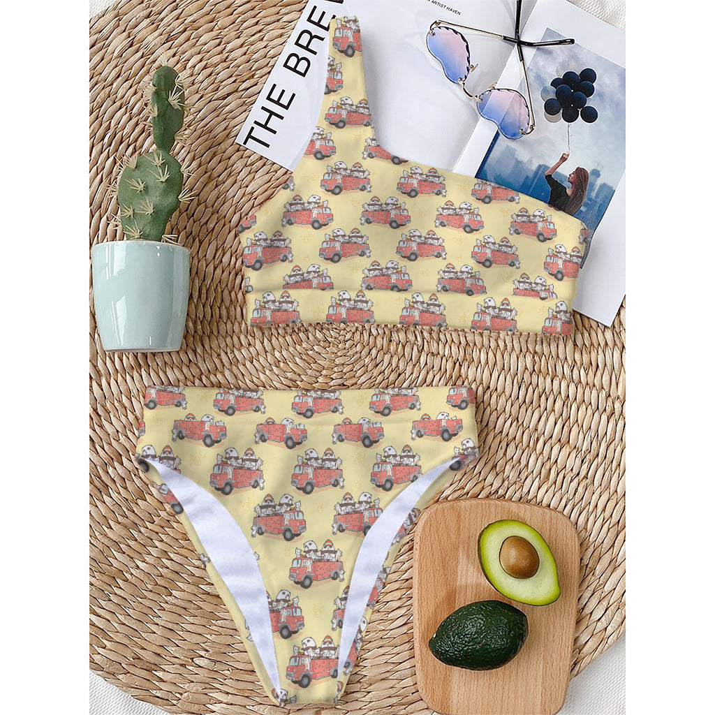 Panda Firefighter And Cat Pattern Print One Shoulder Bikini Top