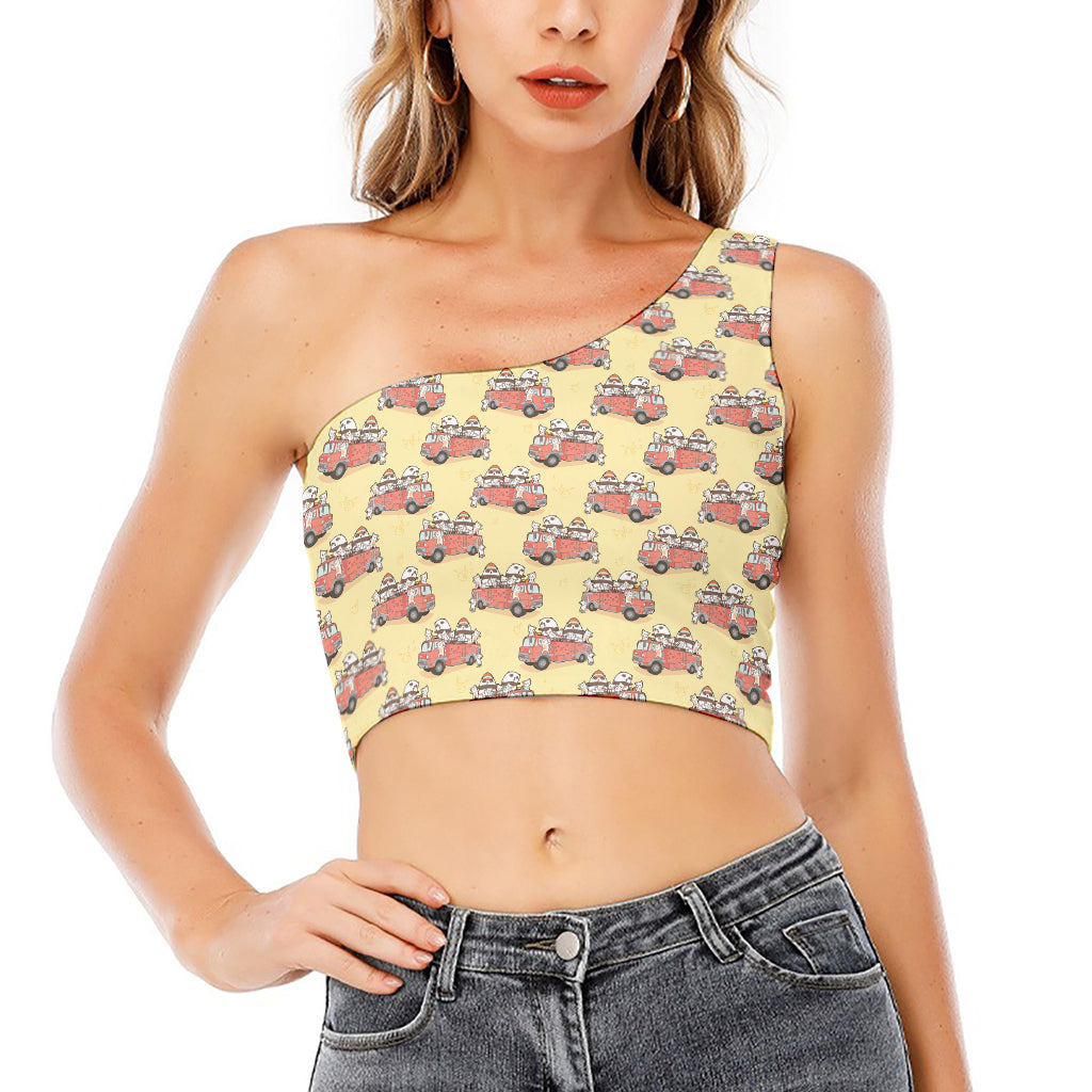 Panda Firefighter And Cat Pattern Print One Shoulder Crop Top