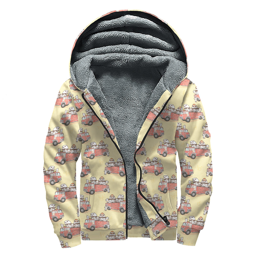 Panda Firefighter And Cat Pattern Print Sherpa Lined Zip Up Hoodie