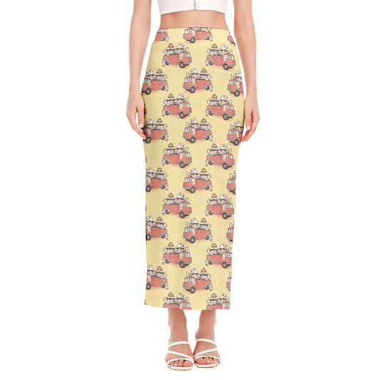 Panda Firefighter And Cat Pattern Print Side Slit Maxi Skirt