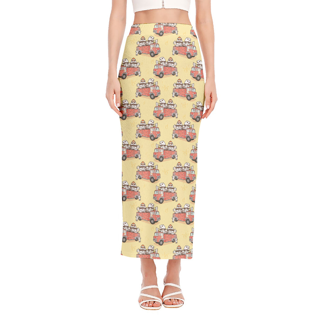 Panda Firefighter And Cat Pattern Print Side Slit Maxi Skirt