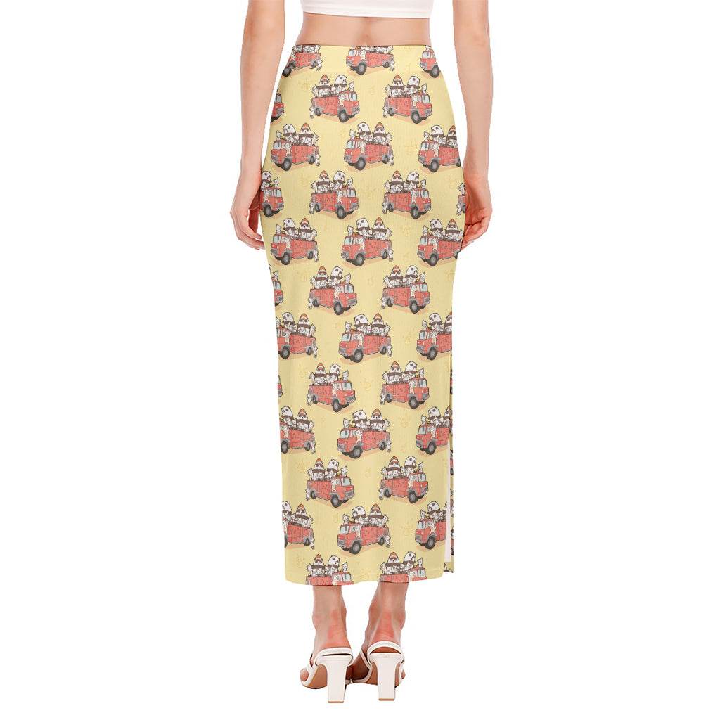 Panda Firefighter And Cat Pattern Print Side Slit Maxi Skirt