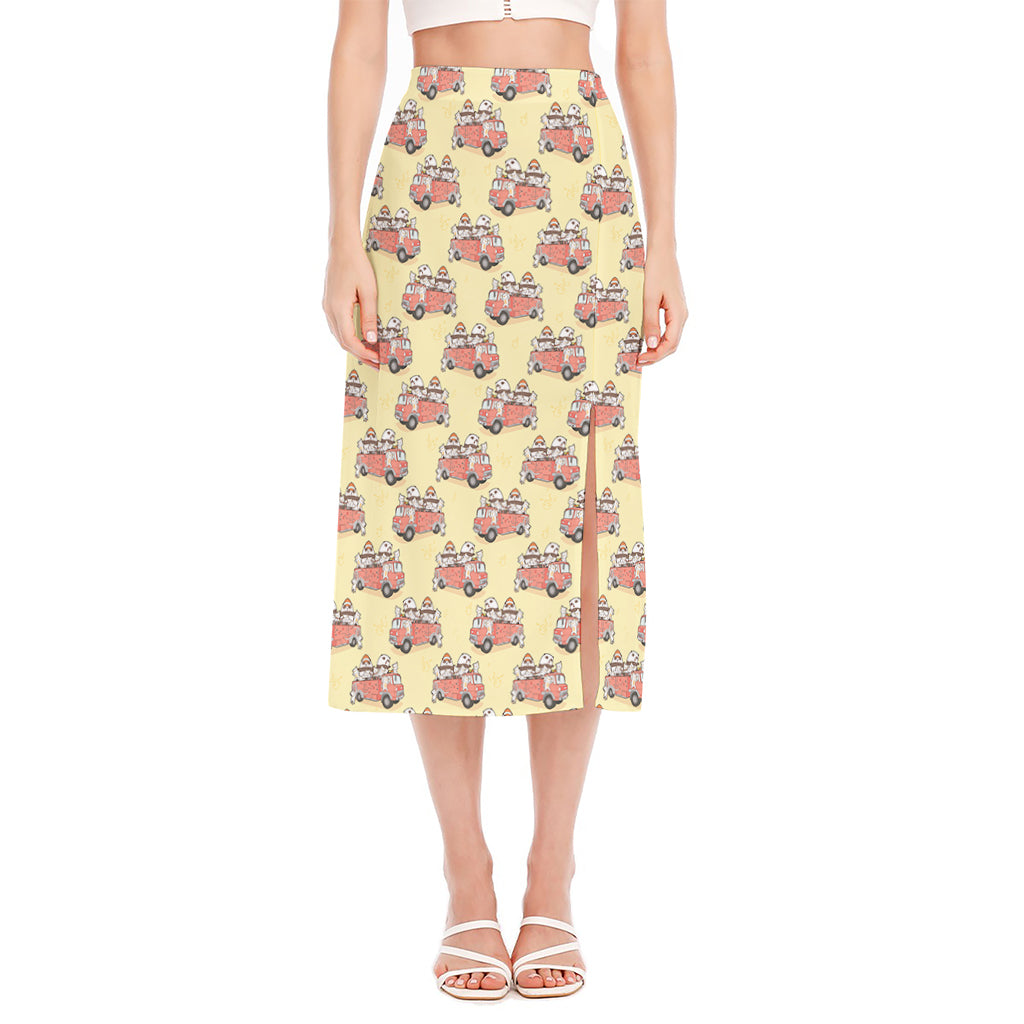 Panda Firefighter And Cat Pattern Print Side Slit Midi Skirt