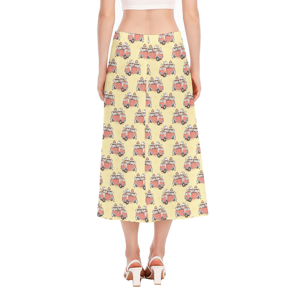 Panda Firefighter And Cat Pattern Print Side Slit Midi Skirt