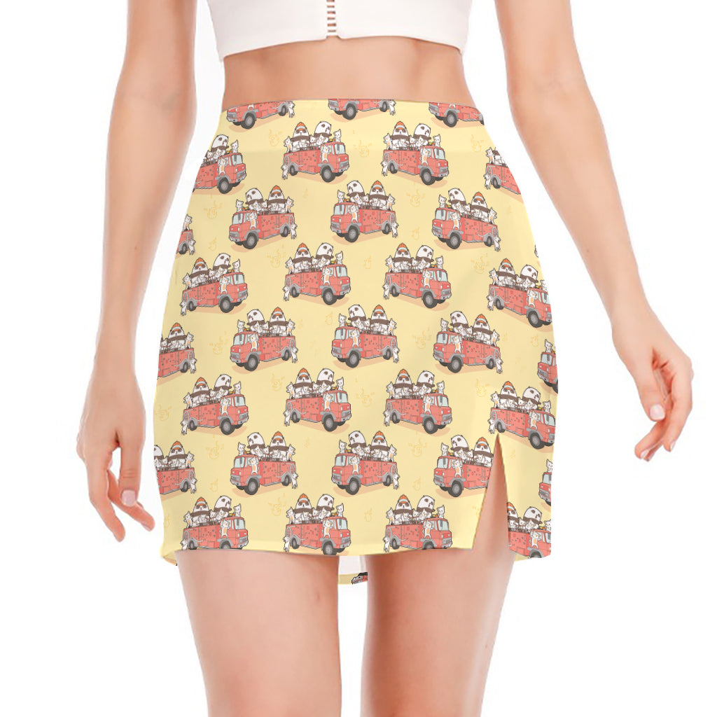 Panda Firefighter And Cat Pattern Print Side Slit Mini Skirt