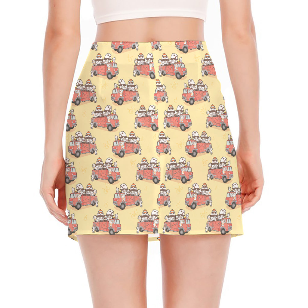 Panda Firefighter And Cat Pattern Print Side Slit Mini Skirt