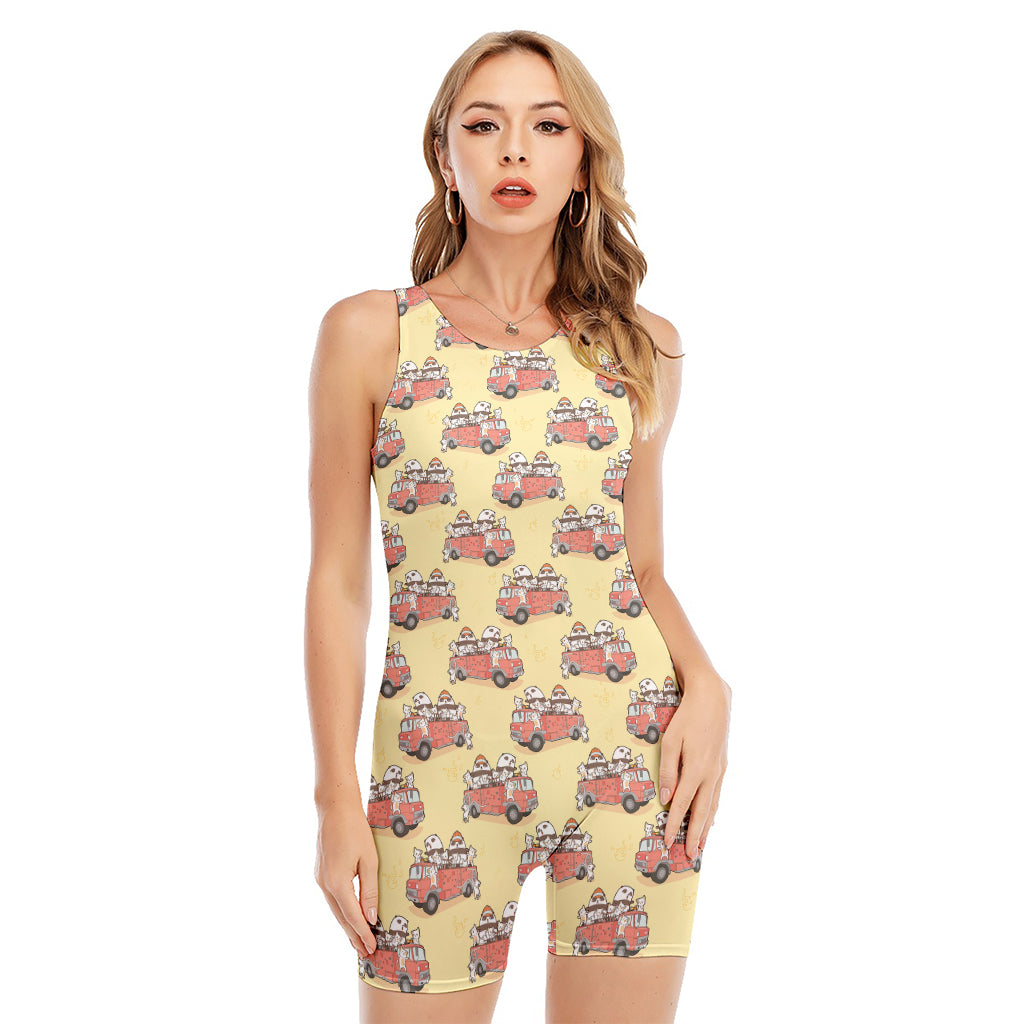 Panda Firefighter And Cat Pattern Print Sleeveless One Piece Swimsuit