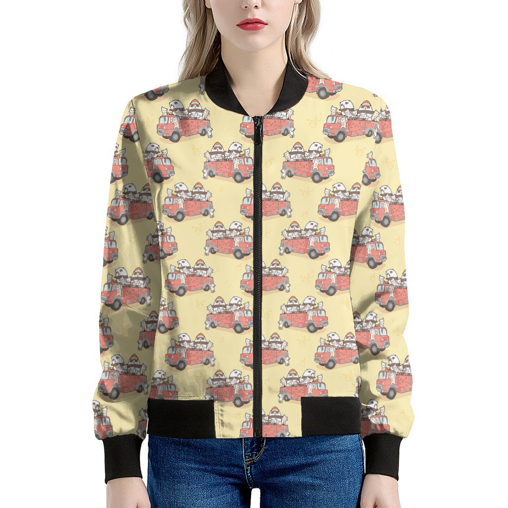 Panda Firefighter And Cat Pattern Print Women's Bomber Jacket
