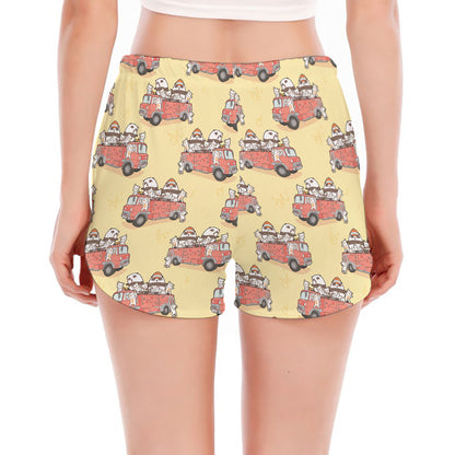 Panda Firefighter And Cat Pattern Print Women's Split Running Shorts
