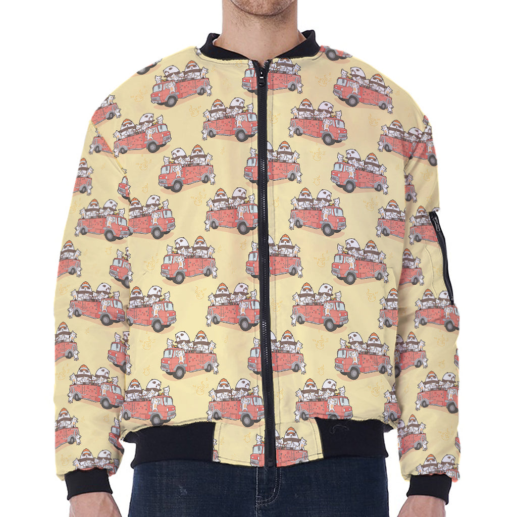 Panda Firefighter And Cat Pattern Print Zip Sleeve Bomber Jacket