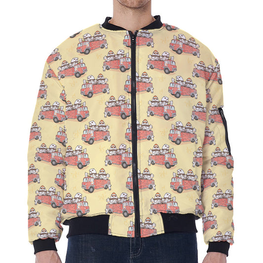 Panda Firefighter And Cat Pattern Print Zip Sleeve Bomber Jacket
