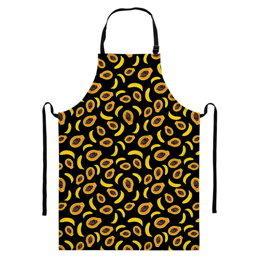Papaya And Banana Pattern Print Bib Apron With Pocket