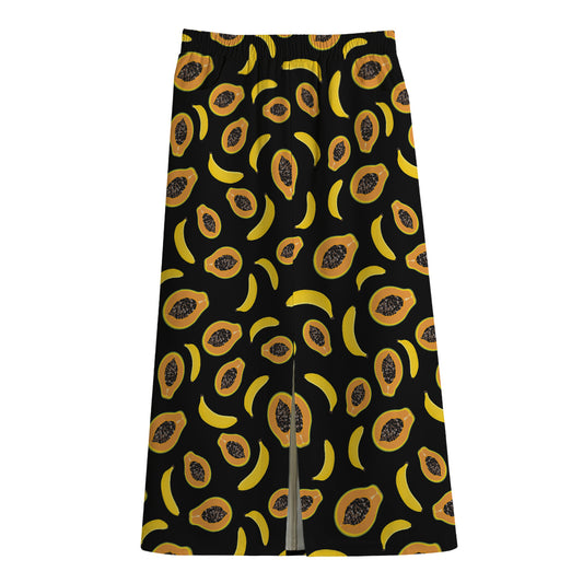 Papaya And Banana Pattern Print Cotton Front Slit Maxi Skirt