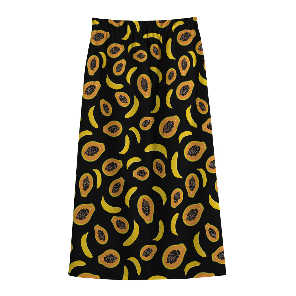 Papaya And Banana Pattern Print Cotton Front Slit Maxi Skirt
