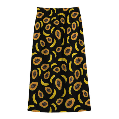 Papaya And Banana Pattern Print Cotton Front Slit Maxi Skirt