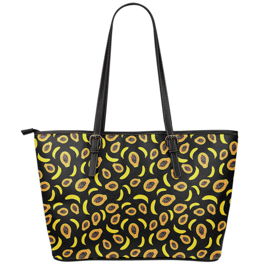 Papaya And Banana Pattern Print Leather Tote Bag