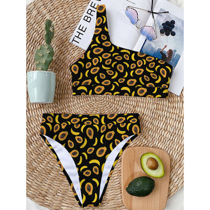 Papaya And Banana Pattern Print One Shoulder Bikini Top
