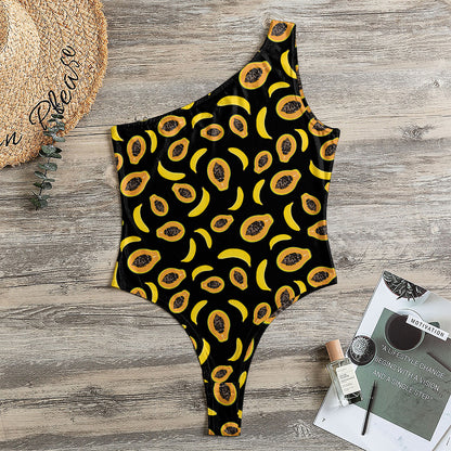 Papaya And Banana Pattern Print One Shoulder Bodysuit