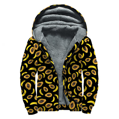 Papaya And Banana Pattern Print Sherpa Lined Zip Up Hoodie