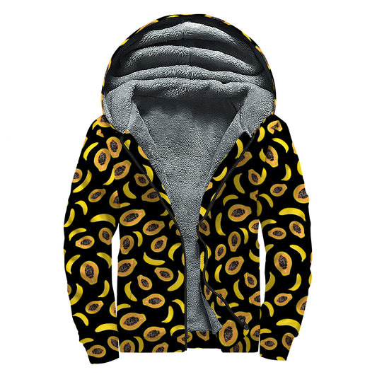 Papaya And Banana Pattern Print Sherpa Lined Zip Up Hoodie