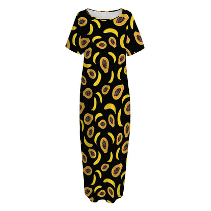 Papaya And Banana Pattern Print Short Sleeve Long Nightdress