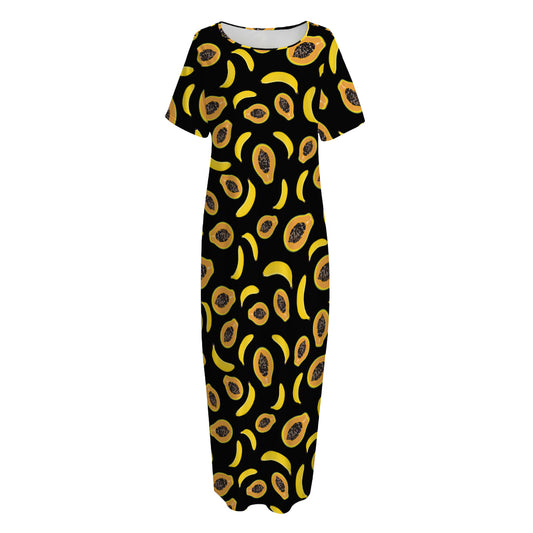 Papaya And Banana Pattern Print Short Sleeve Long Nightdress