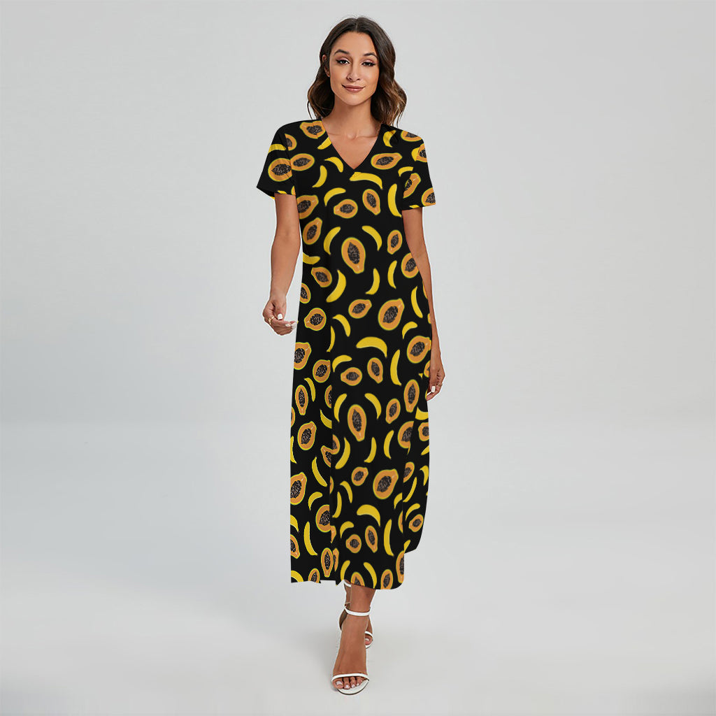 Papaya And Banana Pattern Print Short Sleeve Maxi Dress