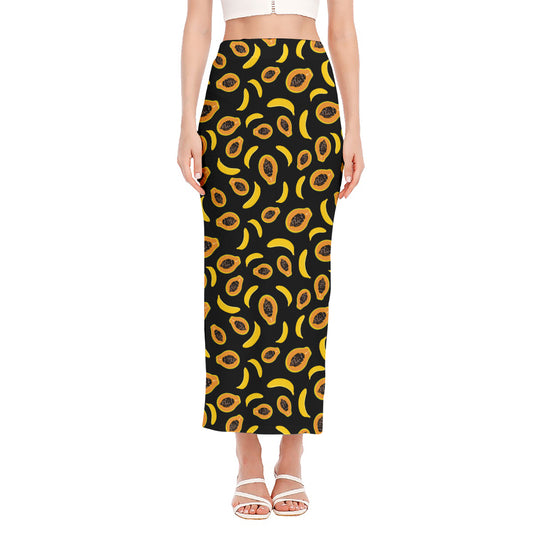 Papaya And Banana Pattern Print Side Slit Maxi Skirt