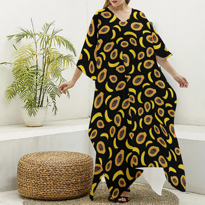 Papaya And Banana Pattern Print Silk V-Neck Kaftan Dress