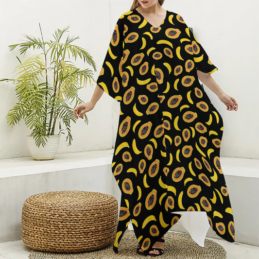 Papaya And Banana Pattern Print Silk V-Neck Kaftan Dress