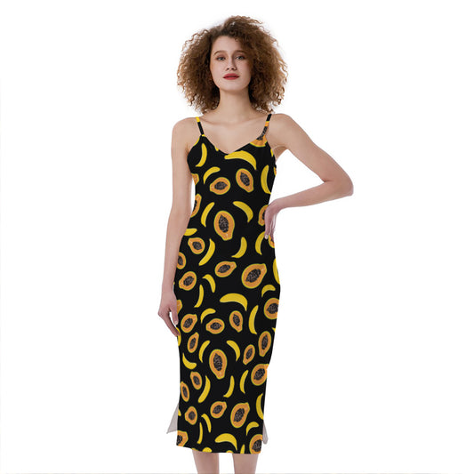 Papaya And Banana Pattern Print Slim Fit Midi Cami Dress