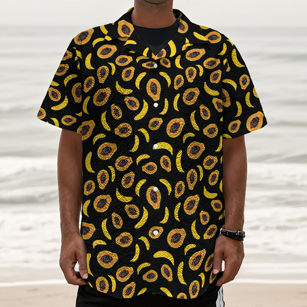 Papaya And Banana Pattern Print Textured Short Sleeve Shirt