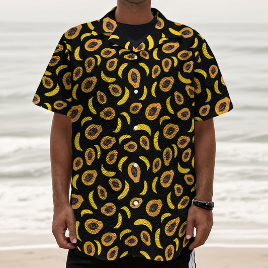 Papaya And Banana Pattern Print Textured Short Sleeve Shirt
