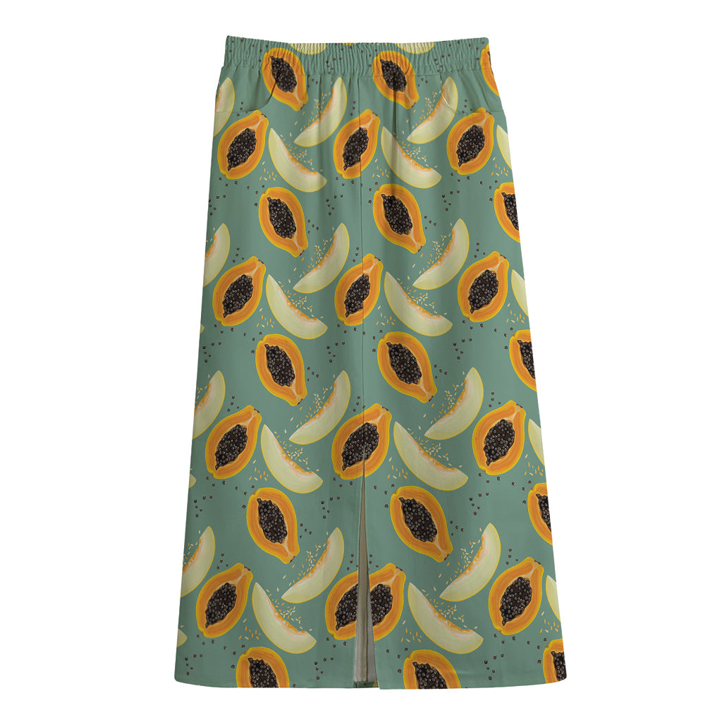 Papaya And Melon Pattern Print Cotton Front Slit Maxi Skirt