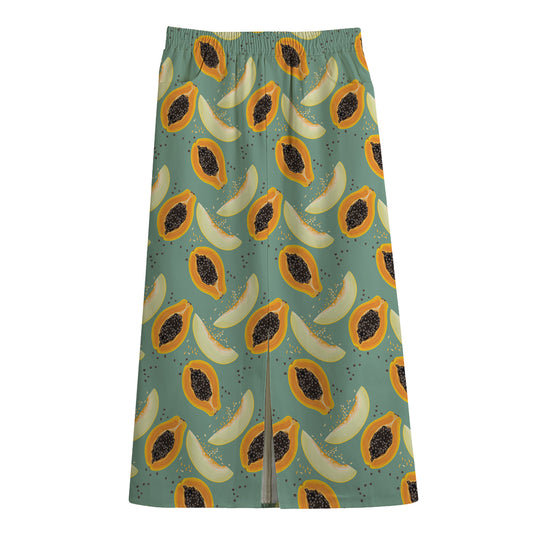 Papaya And Melon Pattern Print Cotton Front Slit Maxi Skirt