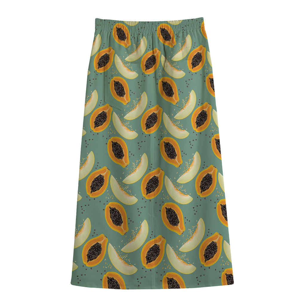 Papaya And Melon Pattern Print Cotton Front Slit Maxi Skirt