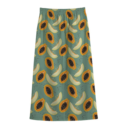Papaya And Melon Pattern Print Cotton Front Slit Maxi Skirt