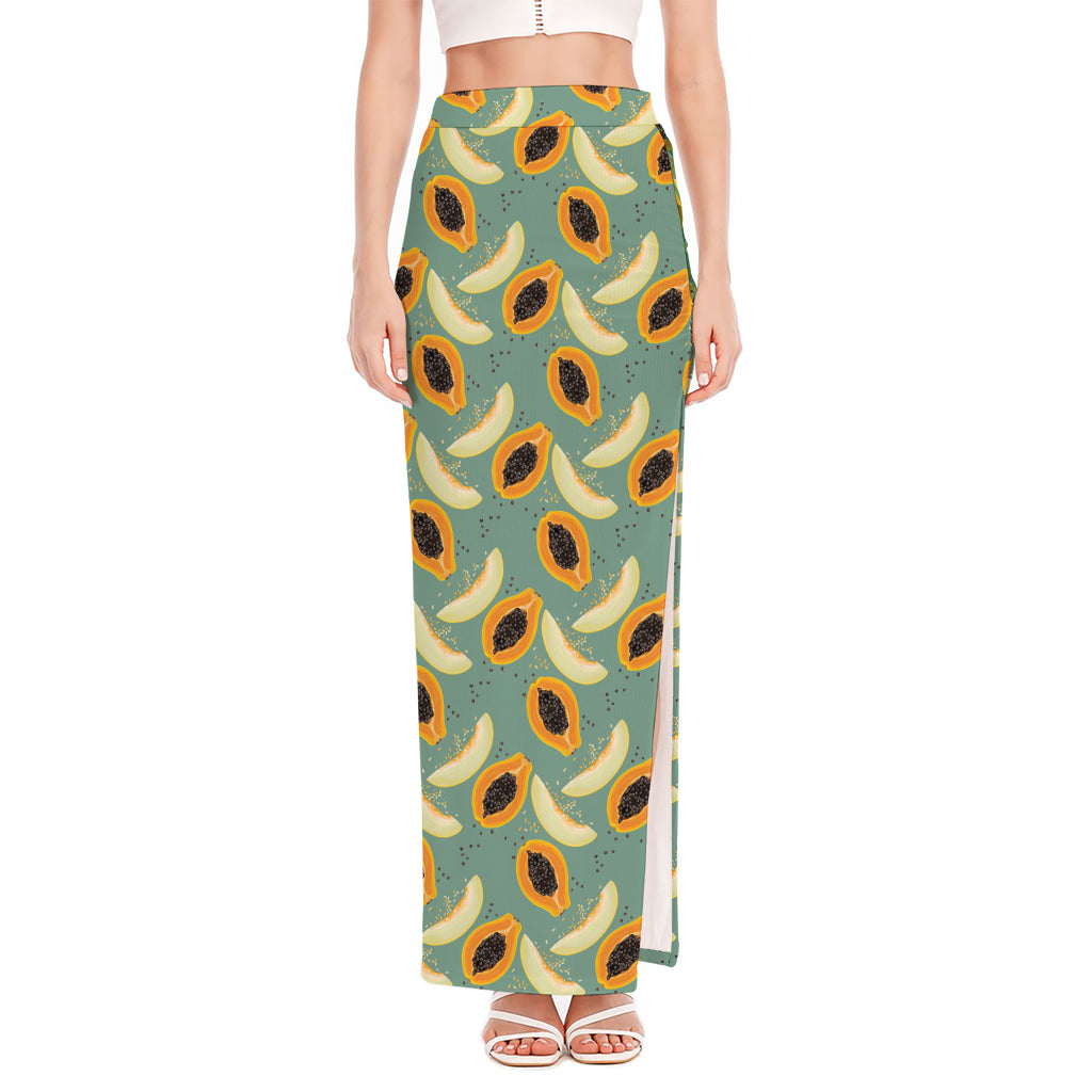 Papaya And Melon Pattern Print High Slit Maxi Skirt