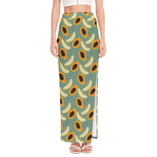 Papaya And Melon Pattern Print High Slit Maxi Skirt