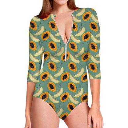 Papaya And Melon Pattern Print Long Sleeve Swimsuit
