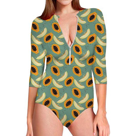 Papaya And Melon Pattern Print Long Sleeve Swimsuit
