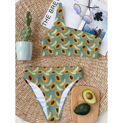 Papaya And Melon Pattern Print One Shoulder Bikini Top
