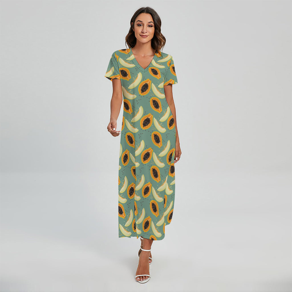 Papaya And Melon Pattern Print Short Sleeve Maxi Dress