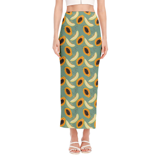Papaya And Melon Pattern Print Side Slit Maxi Skirt