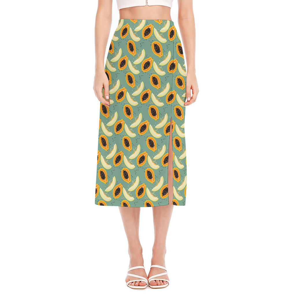 Papaya And Melon Pattern Print Side Slit Midi Skirt