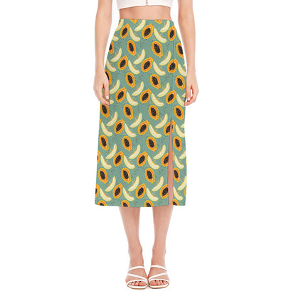 Papaya And Melon Pattern Print Side Slit Midi Skirt