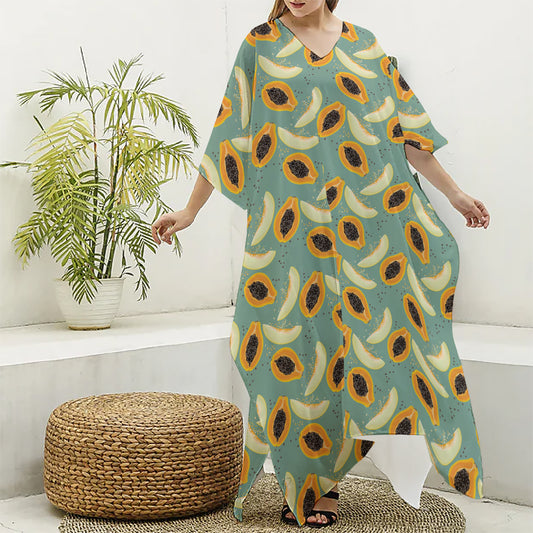 Papaya And Melon Pattern Print Silk V-Neck Kaftan Dress