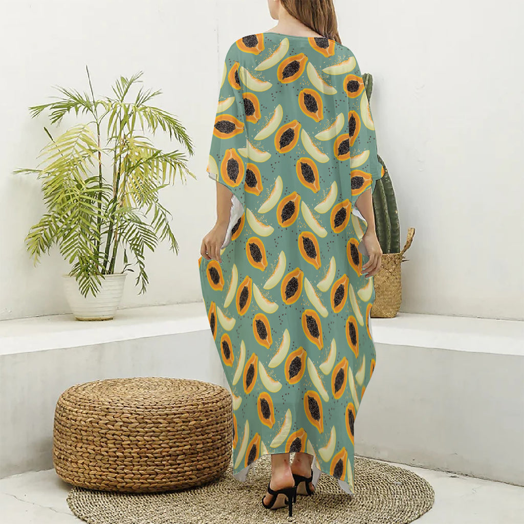 Papaya And Melon Pattern Print Silk V-Neck Kaftan Dress
